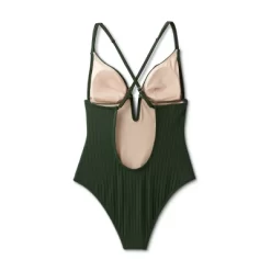 Women's Ribbed Plunge Front V-Wire One Piece Swimsuit - Shade & Shore™ Dark Green -Style Haven Shop GUEST 003b075d ea78 4a49 b3f5 f02d271cc874