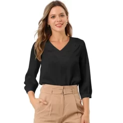 Allegra K Women's V Neck 3/4 Sleeve Casual Office Work Satin Blouses -Style Haven Shop GUEST 0406117d 8ea9 48b3 b039 97089447e815