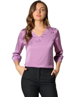 Allegra K Women's V Neck 3/4 Sleeve Casual Office Work Satin Blouses -Style Haven Shop GUEST 0c3e7480 e183 4253 8f21 bd5cd46c9f2b