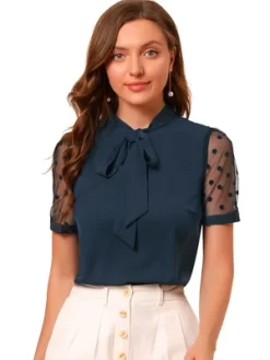 Allegra K Women's Bow Tie V Neck Stand Collar Short Mesh Sleeve Blouse -Style Haven Shop GUEST 0da025ee 2f24 4545 917a 7268339de0c4