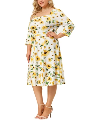Agnes Orinda Women's Plus Size 3/4 Sleeve Sweetheart Neck Floral Midi Dress 8 Agnes Orinda Women's Plus Size 3/4 Sleeve Sweetheart Neck Floral Midi Dress - Image 6