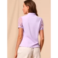 Allegra K Women's Bow Tie V Neck Stand Collar Short Mesh Sleeve Blouse -Style Haven Shop GUEST 10fb2b1d d3d0 441d 8357 817315089542