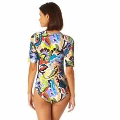 Anne Cole - Women's Half Zip Front Rash Guard One Piece Swimsuit