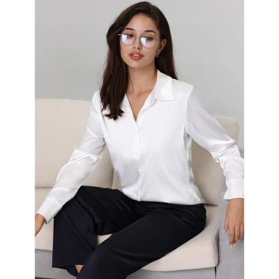 Hobemty Women's Point Collar Long Sleeves Button Down Satin Work Shirt 3 Hobemty Women's Point Collar Long Sleeves Button Down Satin Work Shirt