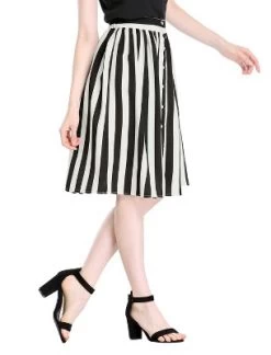 Allegra K Women's Stripes Button Front Elastic Back A-Line Midi Skirt -Style Haven Shop GUEST 17bc89c5 3eeb 43da ada5 8d20cddc7dc8