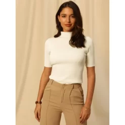 Hobemty Women's Mock Neck Slim Fit Short Sleeve Basic Knitted Blouse