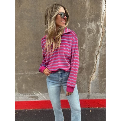 Women's Ascot + Hart Collared Striped Long Sleeve Graphic T-Shirt 5 Women's Ascot + Hart Collared Striped Long Sleeve Graphic T-Shirt - Image 3