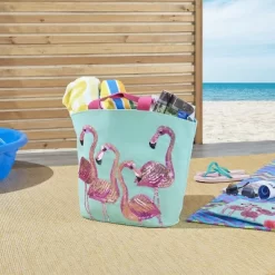 Mina Victory Flamingo Turquoise Beach Tote Bag