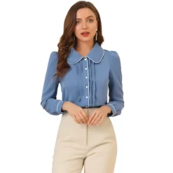 Allegra K Women's Casual Peter Pan Collar Contrast Shirt Puff Sleeve Work Blouse Tops -Style Haven Shop GUEST 28cbbe6d 0076 4c8e a797 7c145333465e