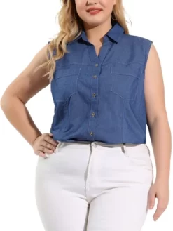 Agnes Orinda Plus Size Summer Tops For Women Sleeveless Button Down Work Shirts Chambray Blouses 2023 -Style Haven Shop GUEST 2be5458c 303f 4b91 ae20 7b97aea50ca9