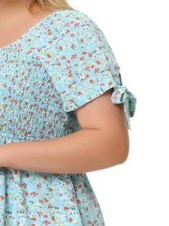 Agnes Orinda Women's Plus Size Floral Square Neck Smocked Bow Tie Short Sleeve Peplum Blouse -Style Haven Shop GUEST 2ce88f7e a0f5 412c 8108 581e77e80e35