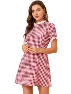 Allegra K Women's Summer Ruffle Neck Lace Panel Short Sleeve Check Gingham Dress -Style Haven Shop GUEST 2e851c11 7b37 4c47 829d adc6a15239ce