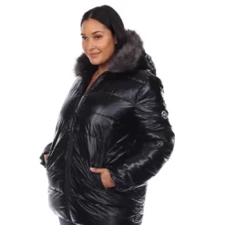 Plus Size Metallic Puffer Coat With Hoodie - White Mark -Style Haven Shop GUEST 30977175 eee7 4d4a 9834 d4fb78c3c1ec