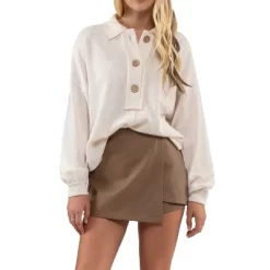 August Sky Women's Spread Collar Half Button Up Knit Pullover -Style Haven Shop GUEST 339cc474 b73b 412b a9ae e83983b2c08d