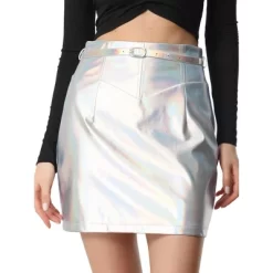 Allegra K Women's Metallic Bodycon Belted Short Shiny Skirt -Style Haven Shop GUEST 33c552fb f37e 45ba a645 0c240408d9f5
