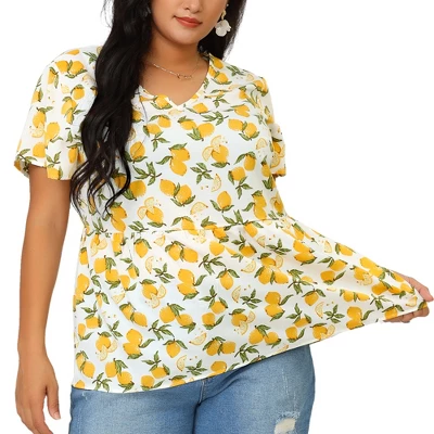Agnes Orinda Women's Plus Size Blouse Casual V Neck Lemon Floral Peplum Top 8 Agnes Orinda Women's Plus Size Blouse Casual V Neck Lemon Floral Peplum Top - Image 6