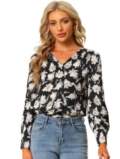 Allegra K Floral Blouse For Women's V Neck Button Up Long Sleeve Satin Blouses -Style Haven Shop GUEST 387a0f06 0e3c 4ff9 8bbb 4715ee782ea4