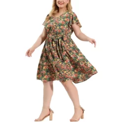 Agnes Orinda Women's Plus Size V Neck Floral Empire Waist Dresses