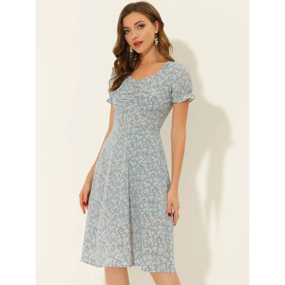 Allegra K Women's Floral Sweetheart Neck Smock Ruffle Print A-Line Dress 4 Allegra K Women's Floral Sweetheart Neck Smock Ruffle Print A-Line Dress - Image 2