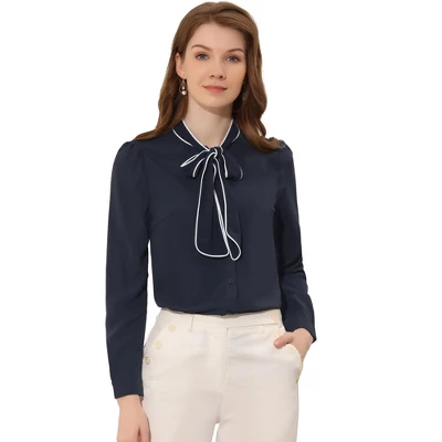 Allegra K Women's Tie Neck Contrast Color Button Down Long Sleeves Shirt 10 Allegra K Women's Tie Neck Contrast Color Button Down Long Sleeves Shirt - Image 8