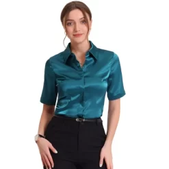 Allegra K Women's Casual Short Sleeve Satin Work Business Workwear Button Down Shirt -Style Haven Shop GUEST 4597fcfd 7f2f 4a6e beb9 6699e07dd33c