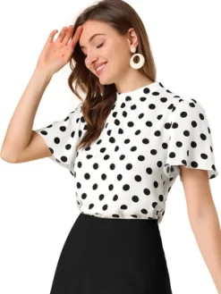 Allegra K Women's Polka Dots Stand Collar Pleat Keyhole Back Short Flare Sleeve Tops -Style Haven Shop GUEST 45de0cd8 71d1 4f04 9e64 56bf185573d6
