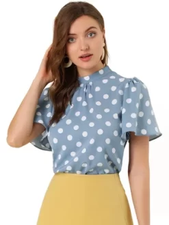 Allegra K Women's Polka Dots Stand Collar Pleat Keyhole Back Short Flare Sleeve Tops -Style Haven Shop GUEST 469e7089 b1ab 4945 b606 d42caf958e5b