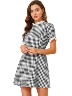 Allegra K Women's Summer Ruffle Neck Lace Panel Short Sleeve Check Gingham Dress -Style Haven Shop GUEST 474e48c5 74b9 4dea 92d7 a3e70ef63ac2