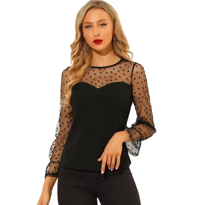Allegra K Women's Lace Round Neck Heart Dots Sheer Long Mesh Sleeve Top 8 Allegra K Women's Lace Round Neck Heart Dots Sheer Long Mesh Sleeve Top - Image 6