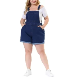 Agnes Orinda Women's Plus Size Adjustable Strap Pocket Roll Hem Denim Overall Jean Shorts
