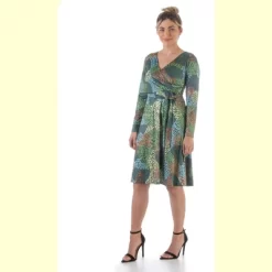 24seven Comfort Apparel Green Long Sleeve Knee Length Faux Wrap Dress