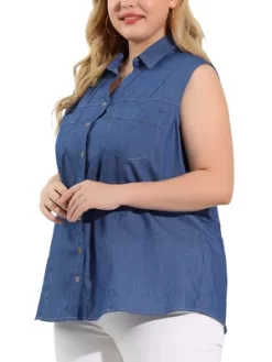 Agnes Orinda Plus Size Summer Tops For Women Sleeveless Button Down Work Shirts Chambray Blouses 2023