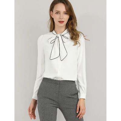 Allegra K Women's Tie Neck Contrast Color Button Down Long Sleeves Shirt 3 Allegra K Women's Tie Neck Contrast Color Button Down Long Sleeves Shirt
