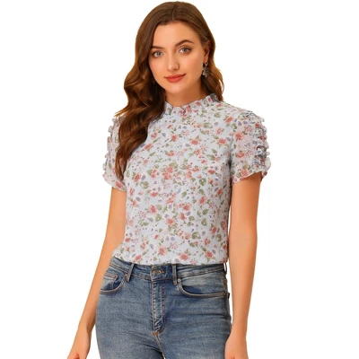 Allegra K Women's Ruffled Neck Chiffon Frill Trim Short Sleeve Floral Print Blouse Tops 10 Allegra K Women's Ruffled Neck Chiffon Frill Trim Short Sleeve Floral Print Blouse Tops - Image 8