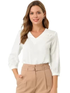 Allegra K Women's V Neck 3/4 Sleeve Casual Office Work Satin Blouses -Style Haven Shop GUEST 67fad403 031f 4743 87ca a76fc02c1d42