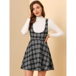 Allegra K Women's Pinafore Overall Tartan Checks Braces A-line Suspender Skirt