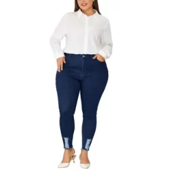 Agnes Orinda Women's Plus Size Denim Ripped Mid Rise Stretch Washed Skinny Jeans