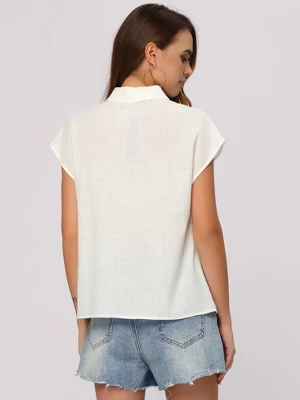 Allegra K Women's Everyday Casual Summer Linen Button Down Cap Sleeve Cotton Collar Shirts 4 Allegra K Women's Everyday Casual Summer Linen Button Down Cap Sleeve Cotton Collar Shirts - Image 2