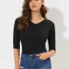 Allegra K Women's Casual Elbow Sleeves Solid Color V Neck T-Shirts