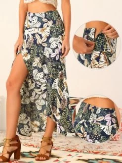 Allegra K Women's Tropical Smocked Waist High Low Flowy Maxi Skirt