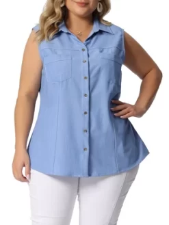 Agnes Orinda Plus Size Summer Tops For Women Sleeveless Button Down Work Shirts Chambray Blouses 2023 -Style Haven Shop GUEST 76a1ec72 4e8f 4709 8024 a477ba8bed3e