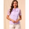 Allegra K Women's Bow Tie V Neck Stand Collar Short Mesh Sleeve Blouse