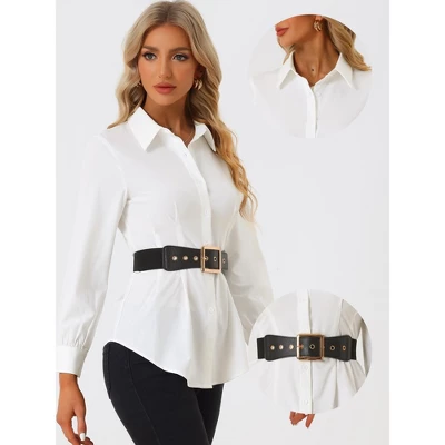 Allegra K Women's Cinched Waist Long Sleeve Button Up Belted Tunic Shirt 3 Allegra K Women's Cinched Waist Long Sleeve Button Up Belted Tunic Shirt