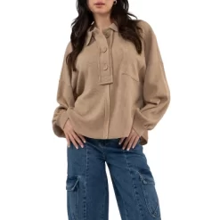 August Sky Women's Spread Collar Half Button Up Knit Pullover -Style Haven Shop GUEST 7a79330d fec3 46dd 8905 fea882ff5da5