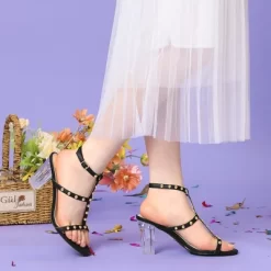 Perphy Studded Heel Ankle T-Strap Chunky Clear Heels Sandals For Women