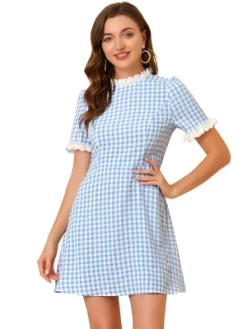 Allegra K Women's Summer Ruffle Neck Lace Panel Short Sleeve Check Gingham Dress -Style Haven Shop GUEST 7b9d61ff f822 495b 9e69 2fb131edfcf4