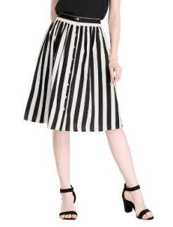 Allegra K Women's Stripes Button Front Elastic Back A-Line Midi Skirt