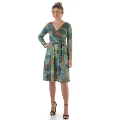 24seven Comfort Apparel Green Long Sleeve Knee Length Faux Wrap Dress -Style Haven Shop GUEST 7eb28214 bce3 4927 9b5a 868d182f7624
