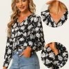 Allegra K Floral Blouse For Women's V Neck Button Up Long Sleeve Satin Blouses