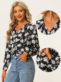 Allegra K Floral Blouse For Women's V Neck Button Up Long Sleeve Satin Blouses